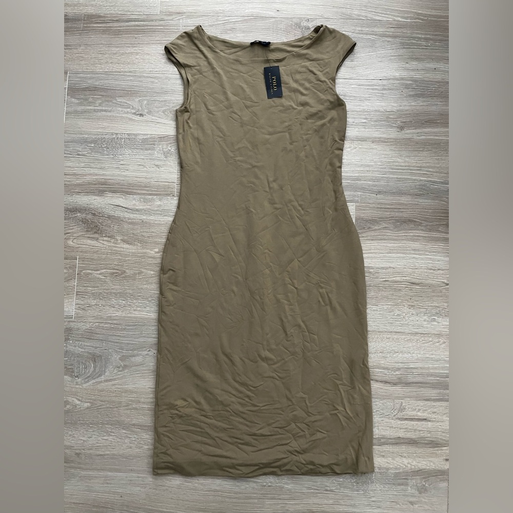 NWT Polo Ralph Lauren Women’s Tan Cap Sleeves Boatneck Midi Dress - Size Large